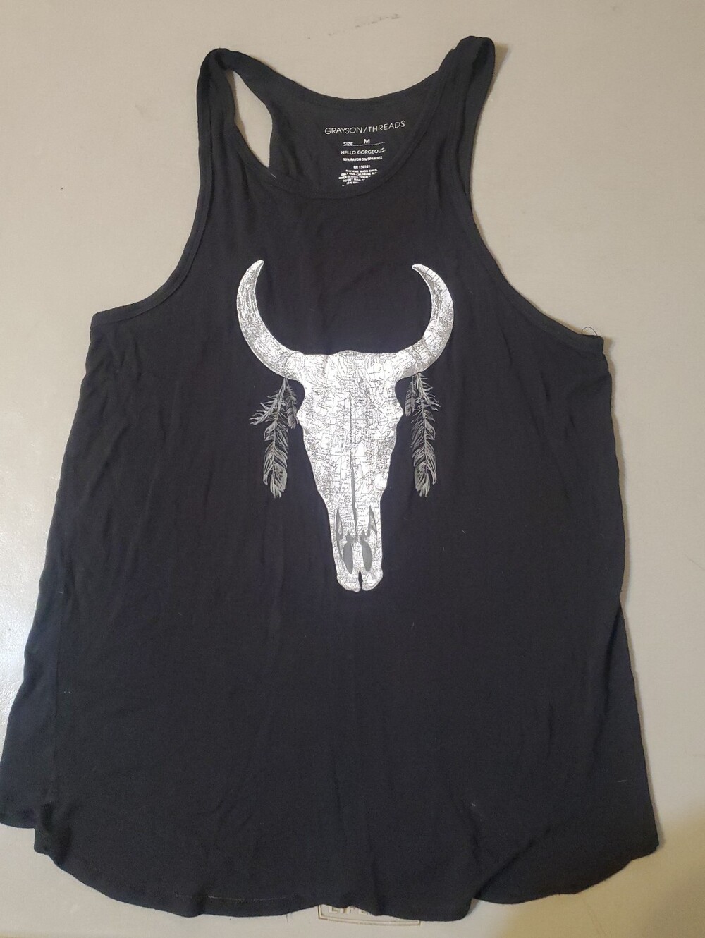 Grayson Threads Women's Black Cow Skull Boho Racerback Tank Top Medium